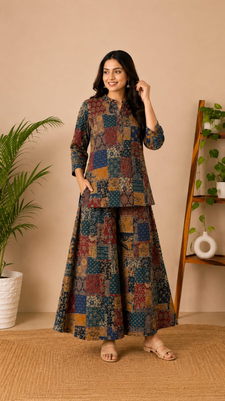Jaipuri block print patchwork cord set with flared palazzo set